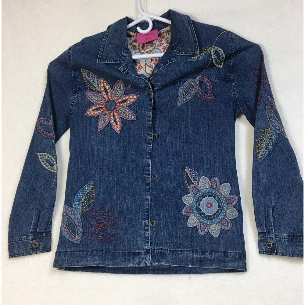 Vtg Carols Denims Jacket Shacket Womens Sz M Blue Embroidered Cowgirl Western‎